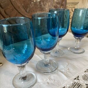Vintage blue handblown glass cordial Baileys drink shot glasses set